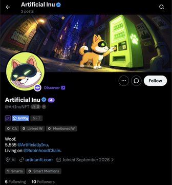 The image shows the Twitter/X profile page for **"Artificial Inu"** (@ArtificiallyInu), featuring a banner with a cartoon orange dog beside a glowing green vending machine, and a circular profile picture of a black cat with the text **"Discover"**. The account has **5,555 Followers**, **6 Following**, **10 Followers**, **2 posts**, and is tagged with categories such as **"cAL," "Linktree," "Entity," "NFT," "Smart Mentions,"** and **"Mentioned,"** having joined in **September 2026**. The post highlights **Artificial Inu** as a dog-themed NFT collection launching on Robinhood, along with mentions of **@purreh00d** (cat NFTs) and **@ZookLandia**, with the image serving as the official profile branding for the featured project.
