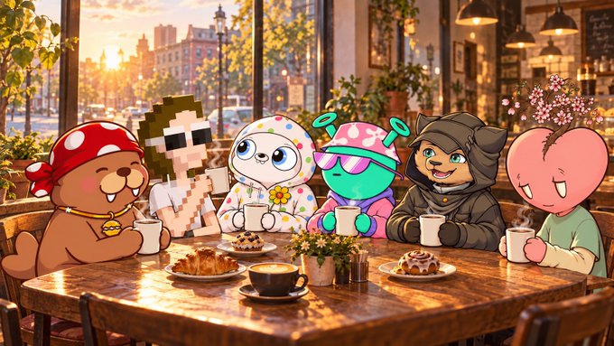 A cartoon illustration of various NFT-style characters including a pirate, mushroom character, dollar sign figure, and other avatars enjoying coffee and pastries at a cafe table with a city view.