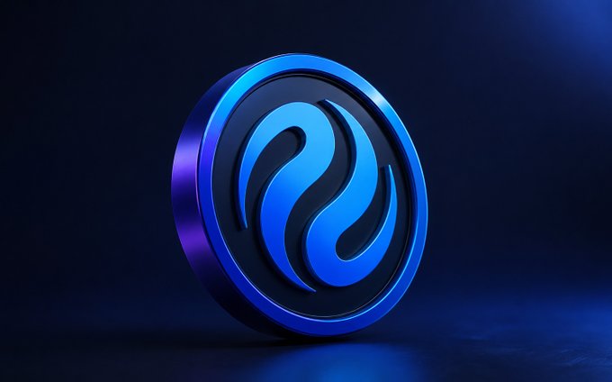 A 3D rendered blue circular emblem or coin with a stylized 'S'-like logo, displayed against a dark blue gradient background.