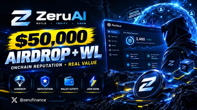 An advertisement for "ZeruAI" promoting a "$50,000 AIRDROP+WL" with the tagline "ONCHAIN REPUTATION, REAL VALUE," featuring an image of a hooded figure alongside a dashboard interface.
