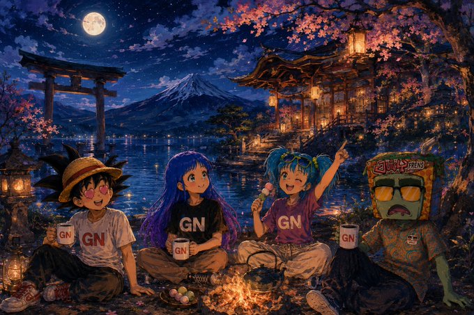 An anime-style digital artwork parodying 'The Girls Generation' (GN) logo, depicting them sitting by a campfire at night with Mt. Fuji, a torii gate, and a traditional Japanese building in the background, with one character wearing a 'Batzens' snack box on their head.