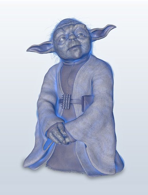 A blue and gray 3D-rendered sculpture of the Star Wars character Yoda with his hands clasped.
