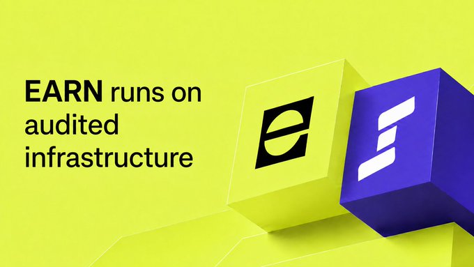 A promotional banner reading 'EARN runs on audited infrastructure' featuring a yellow cube with a black 'e' logo and a purple cube with the Solana logo.