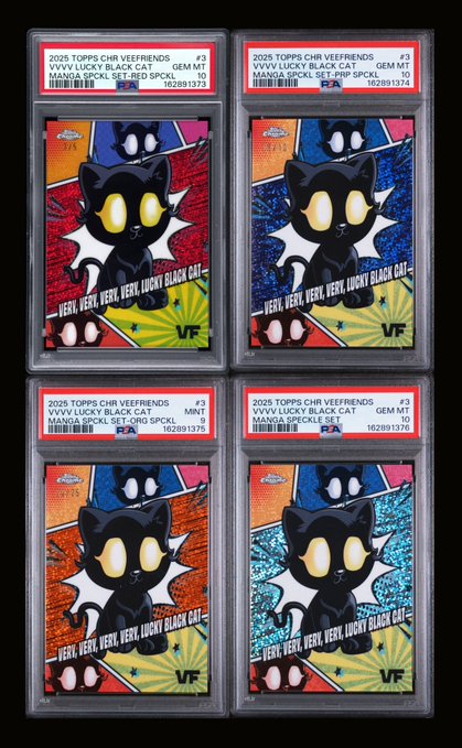 Four PSA-graded Topps Chrome '2025 TOPPS CHR VEEFRENDS VVVV LUCKY BLACK CAT' manga speckle set red SP/CL trading cards featuring a cartoon black cat character labeled 'VF'.