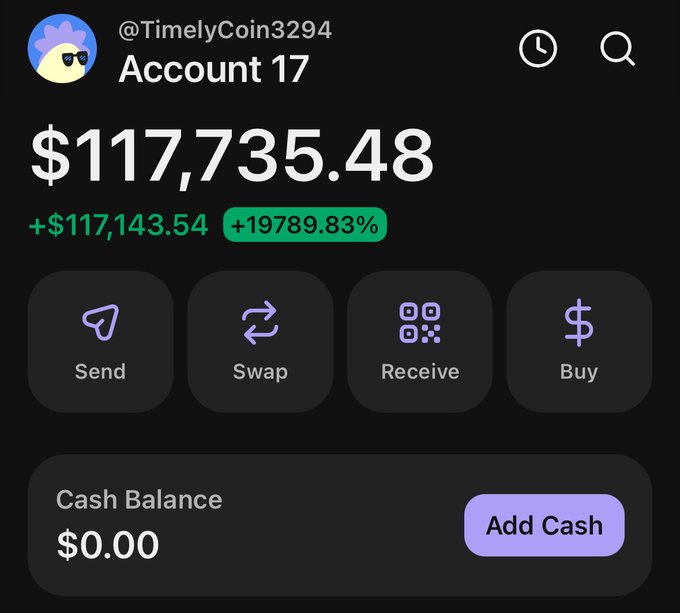 A crypto wallet screenshot for account @TimelyCoin3294 (Account 17) showing a balance of $117,735.48, up $117,143.54 (+19789.83%), with Send, Swap, Receive, and Buy options and a $0.00 cash balance. The image is paired with a post promising a "massive airdrop" for those who comment #WhiteBullsMatter and share their SOL wallet—a classic engagement-bait tactic commonly associated with scam giveaways targeting token holders.