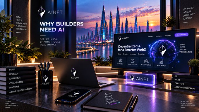 A promotional image for 'AINFT' with the tagline 'WHY BUILDERS NEED AI' featuring 'Decentralized AI for a Smarter Web3' displayed on a laptop and monitor setup with a futuristic cityscape background.