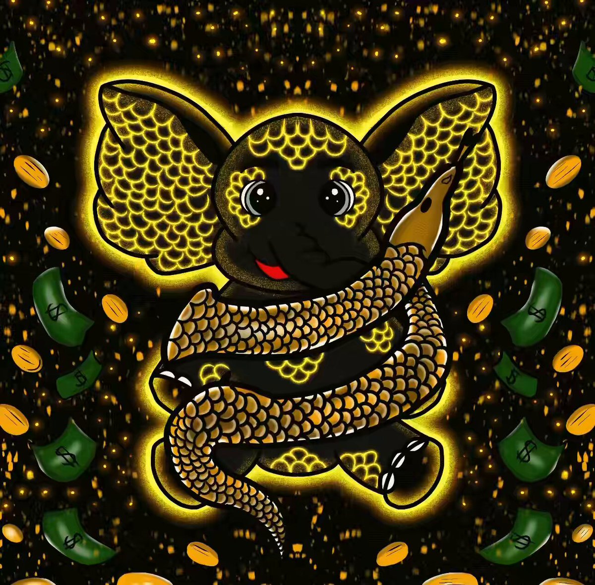 The image features a cartoon elephant with its trunk wrapped around a snake, creating an interesting visual effect. The background of the image is black, which contrasts with the yellow elements of the snake and the elephant's face. The text "Good morning! Happy Tuesday Featuring the Golden Snake themed Baby Elephant!" is written above the scene, indicating that this artwork is related to a post about baby elephants or snakes. The image also includes money scattered around it, suggesting that there might be an advertisement for a product or service involving these elements.