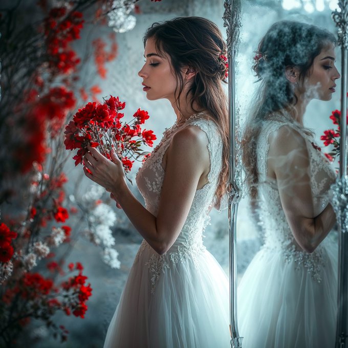 Artistic photo of a woman in a white lace wedding dress holding a bouquet of red flowers, with her reflection visible in an ornate mirror beside her, set against a backdrop of red and white blossoms.