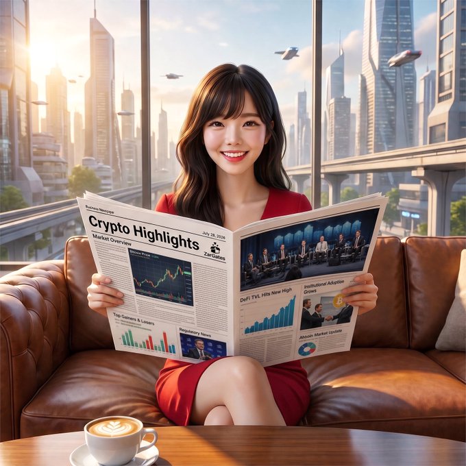 The image shows a smiling young woman in a red dress sitting on a brown leather couch, reading a newspaper titled "Crypto Highlights" dated July 28, 2026, which features "Bitcoin Price" and "DeFi TVL Hits New High" headlines, set against a futuristic cityscape with flying vehicles. The scene visually complements the post about ZARGATES Crypto Market Highlights for July 28, 2026, depicting the act of catching up on the day's crypto news—including Bitcoin's pullback to the $63,300–$63,500 range and Ethereum's decline near $1,875–$1,880—over a cup of coffee in a high-rise setting.