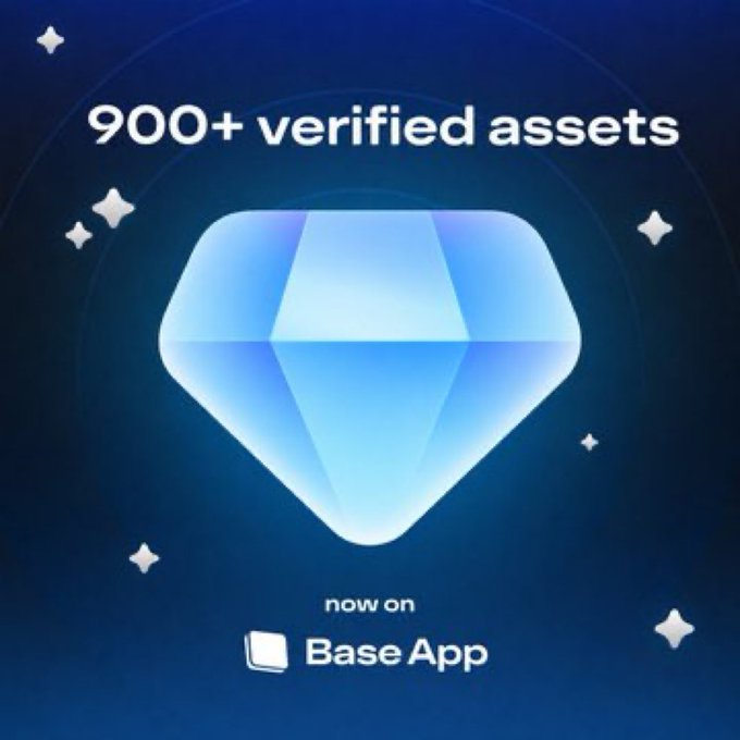 Promotional graphic for Base App featuring a large blue diamond icon and the text '900+ verified assets now on Base App' on a dark blue starry background.