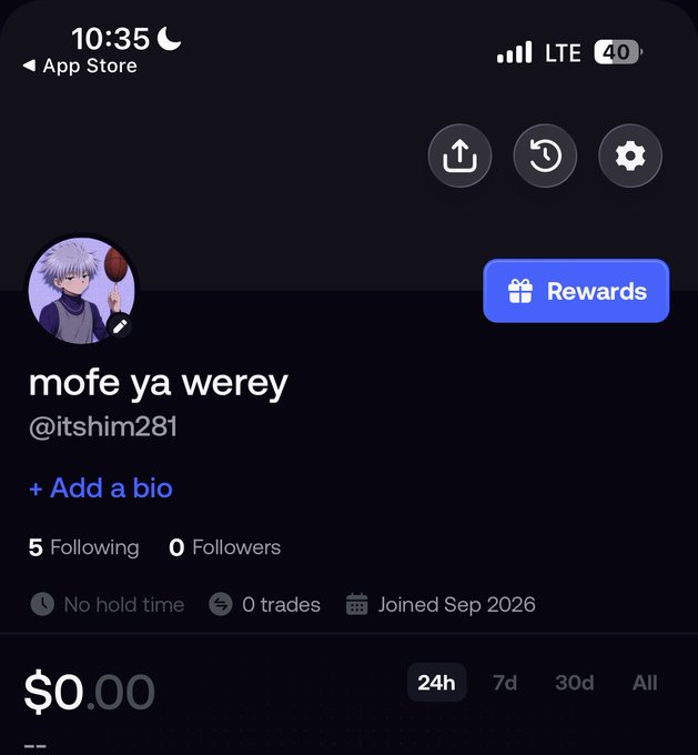 A mobile screenshot of a trading app profile belonging to "@itshim281" with the display name "mofe ya werey," showing 5 Following, 0 Followers, $0.00 balance, and 0 trades. The image aligns with the "$0 to $10k challenge" post, depicting the starting point of a fresh trading account with zero followers and no completed trades.