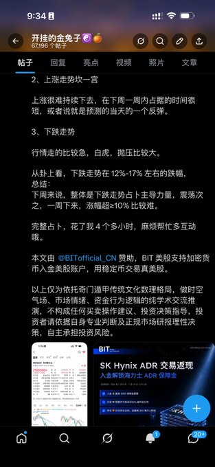 A Chinese social media post analyzing SK Hynix ADR (海力士) stock trends, showing market predictions about a "2、上涨走势快一章" (rapid upward trend) and "3、下跌走势" (downward trend) section, noting 12%-17% decline ranges and the need for a bounce of 10%+ next week, with a BIT promotional banner for SK Hynix ADR trading featured at the bottom alongside a 0.00% chart screenshot.