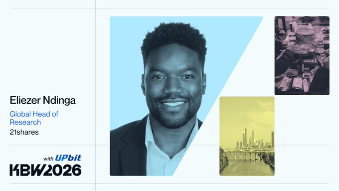 A promotional graphic featuring Eliezer Ndinga, Global Head of Research, for KBW2026 with Upbit sponsorship, showing his headshot and event images.