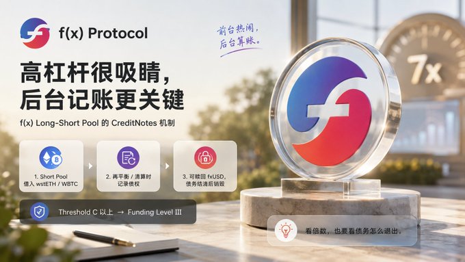 This image highlights "f(x) Protocol" and its "Long-Short Pool of CreditNotes mechanism," emphasizing that while frontend leverage is appealing, the backend accounting is crucial, as supported by the text "看倍数,也要看债务怎么退出" (Look at multiples, but also at how debt is exited).