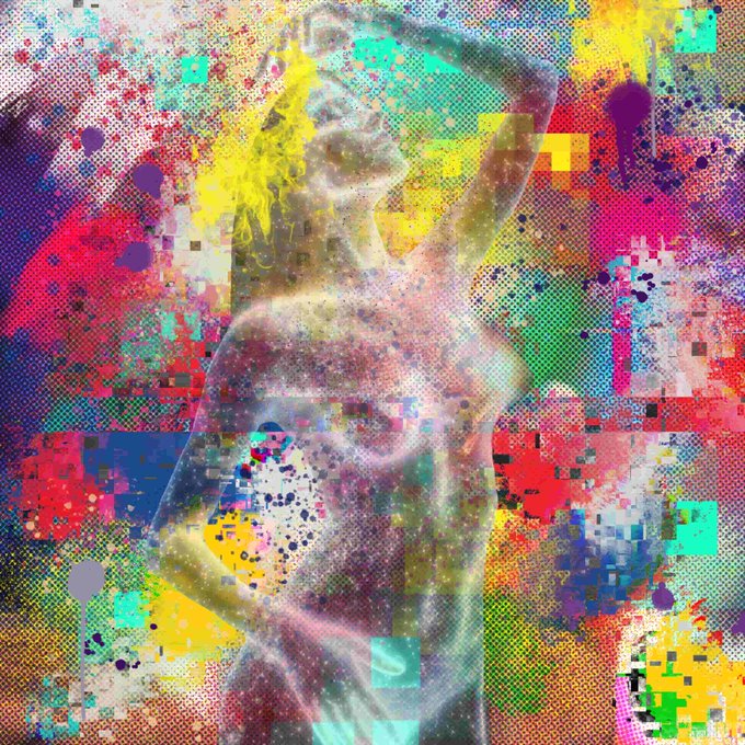 A vibrant abstract/glitch art piece featuring a figure with a halftone/pixelated effect overlaid with colorful paint splatters in pink, yellow, green, and blue.
