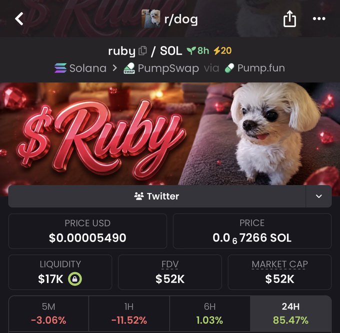The image shows the token $RUBY on PumpSwap (Solana) with a current price of $0.00005490 USD (0.0₆7266 SOL), a market cap of $52K, and a 24H gain of 85.47%, paired with a small fluffy dog image. It supports the post's claim about $RUBY being a hyped dog-themed memecoin positioned as the potential mascot for r/dog, though the recent drops of -3.06% (5M) and -11.52% (1H) hint at the volatile "vamp" risk mentioned.