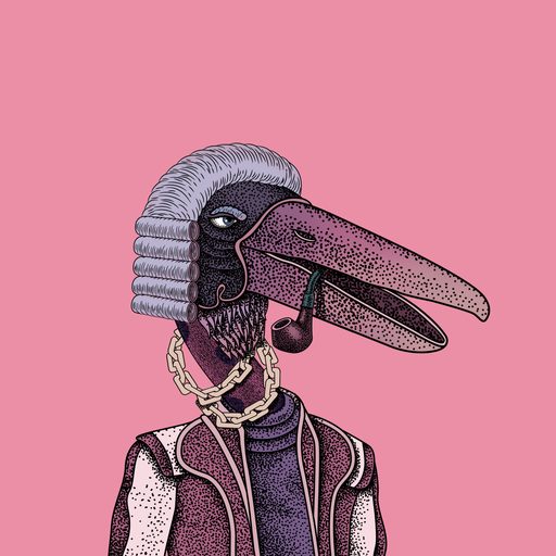 The image features a person dressed as a bird, wearing an ornate robe and hat with pom-poms. They are holding a pipe that has a chain attached to it. The background of the picture appears pink. A caption on this image reads "Beak #829 Bought for 0.06902ETH (=~$107) from ...". It is suggested that the bird, as an ornamental piece, could be used as a part of an upscale, high-end themed event or possibly for a special occasion like Christmas, New Year's, or Valentine's Day.