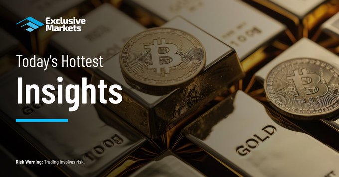 The image features gold bars (marked "100g GOLD") topped with physical Bitcoin tokens, overlaid with the "Exclusive Markets" logo and the text "Today's Hottest Insights," along with a risk warning about trading. It visually represents the post's coverage of rising gold prices (above $4,160/oz) and Bitcoin's climb to $64,000, illustrating key assets shaping current financial market movements.