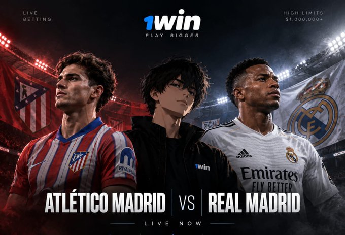 A promotional banner for 1win betting featuring an Atlético Madrid vs Real Madrid matchup. The image shows a soccer player in Atlético Madrid's red and white striped jersey on the left and another in Real Madrid's white "Emirates Fly Better" jersey on the right, with anime-style character in the center, "LIVE BETTING", "HIGH LIMITS $1,000,000+", and "LIVE NOW" text.