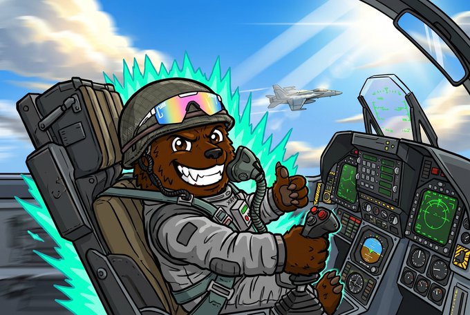 An illustrated brown dog in pilot gear, complete with a helmet and goggles, grins while operating a fighter jet cockpit with another jet visible in the sky.