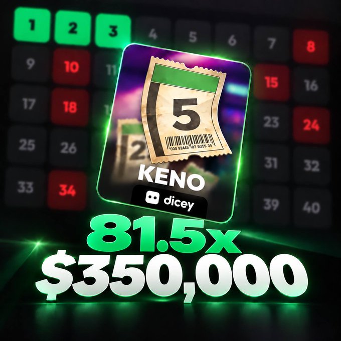 Promotional advertisement for a Keno game on the 'dicey' platform featuring a winning ticket with the number 5, displaying an 81.5x multiplier and a $350,000 prize against a background grid of numbers.
