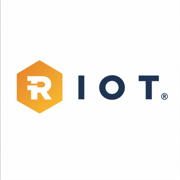 The image displays the Riot Platforms (RIOT) logo, featuring a stylized orange "R" inside a hexagon alongside the company name in dark blue lettering. The logo accompanies news that Riot sold 4,300 Bitcoin in one quarter to fund its strategic shift from BTC mining to AI hosting.