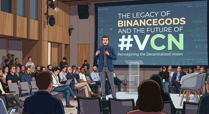 A man speaks at a podium before an attentive audience, with a large screen behind him reading "THE LEGACY OF #BINANCEGODS AND THE FUTURE OF #VCN — Reimagining the Decentralized Vision." The scene reflects the post's message of educating and onboarding people into the BinanceGods community, with "#VULCAN #BNBchain #Binance #Crypto" hashtags reinforcing the educational outreach theme.