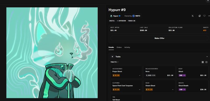 An NFT marketplace listing for 'Hypurr #9' on Hypurr, owned by 0x8f13, showing a best offer of $21.46, last sale of $303.96, with a glowing teal fox-like character illustration in a green robe.