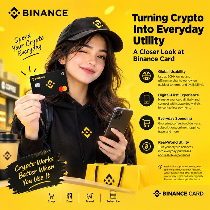 The image is a Binance promotional graphic featuring a smiling woman in a black hoodie and cap holding a Binance Card and smartphone, with the headline "Turning Crypto Into Everyday Utility: A Closer Look at Binance Card." It highlights features like Global Usability (90M+ merchants), Digital-First Experience, Everyday Spending, and Real-World Utility, accompanied by the tagline "Crypto Works Better When You Use It" and icons for Shop, Dine, Travel, and Subscribe.

The graphic visually reinforces the post's message by illustrating how Binance Card bridges crypto holdings with real-life purchases like coffee, groceries, and travel.