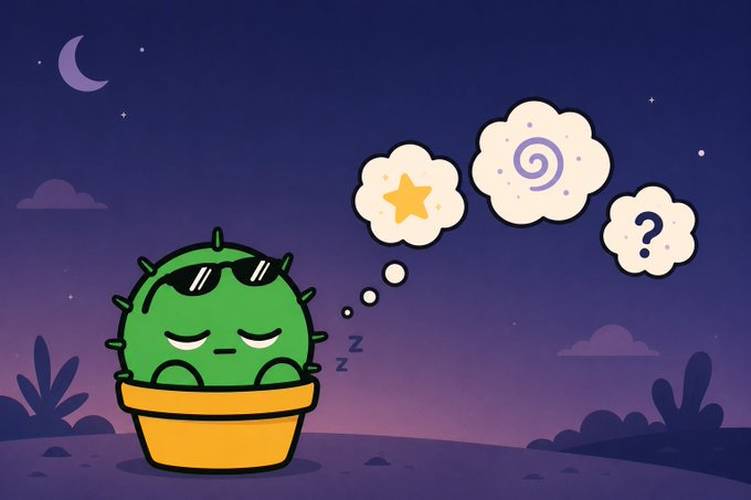 A cartoon illustration of a green cactus wearing sunglasses, sleeping in a yellow pot at night with a crescent moon in the background, dreaming thought bubbles showing a star, swirl, and question mark.