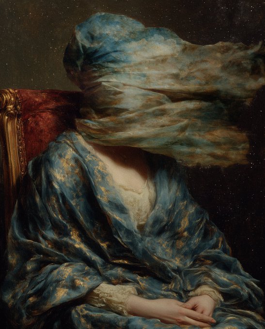 A veiled figure in a flowing blue and gold dress sits with hands folded, her face obscured by a swirling, wind-blown veil—evoking the mystery and ethereal beauty often associated with a "gm" greeting.