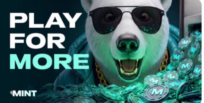 An advertisement featuring an anthropomorphic white dog wearing sunglasses and a gold chain, surrounded by turquoise coins, with the text 'PLAY FOR MORE' and the logo 'MINT'.