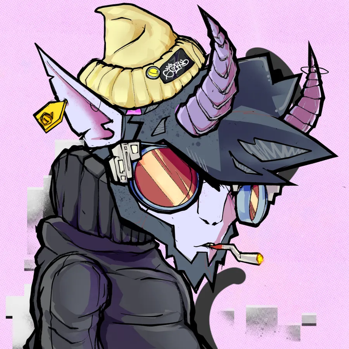 Stylized illustration of a pale anime-style character with purple horns, wearing a black mask with horns, a yellow beanie, and smoking a cigarette against a pink background.