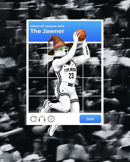 A CAPTCHA-style puzzle asking to 'Select all squares with The Jawner' featuring a black and white image of a dog in basketball uniform holding a ball, with a SKIP button.
