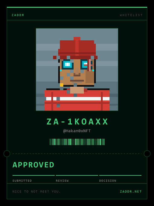A digital NFT whitelist approval card for 'ZADDR' features pixel art of a person in a red helmet, with the ID 'ZA-1KOAXX' and the handle '@Hakan0xNFT'.