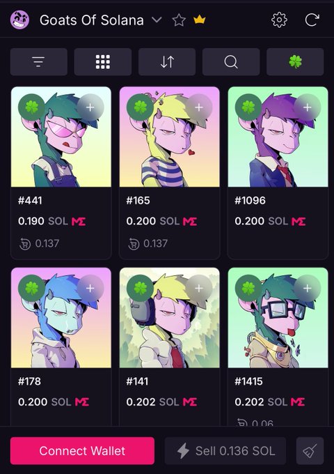 A marketplace interface for the GoatsOfSolana NFT collection displays six goat avatars (#441, #165, #1096, #178, #141, #1415) priced at 0.190-0.202 SOL, reflecting the sold-out mint with a rising floor price. The "Connect Wallet" button and "Sell 0.136 SOL" option suggest users can mint remaining NFTs at the new elevated price point.