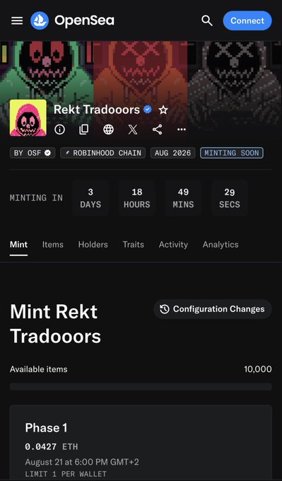 A screenshot of OpenSea displays the "Rekt Tradoors" NFT mint page, confirming an August 2026 launch on the Robinhood Chain with 10,000 available items and a countdown of 3 days, 18 hours, 49 minutes, and 29 seconds remaining. The "Phase 1" mint is priced at 0.0427 ETH, limited to one per wallet starting August 21 at 6:00 PM GMT+2, directly matching the details mentioned in the accompanying post.