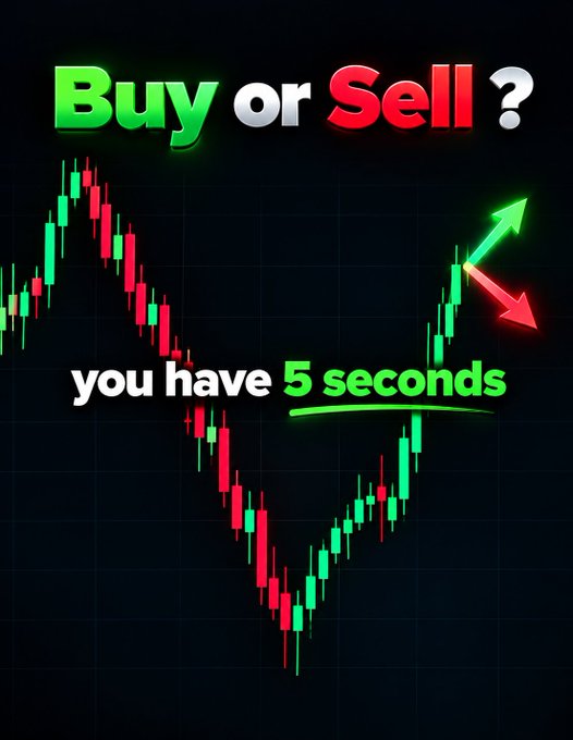 A bold graphic asking "Buy or Sell?" overlays a candlestick chart with two diverging arrows, while text challenges viewers with "you have 5 seconds." The dramatic split between a green upward arrow and a red downward arrow creates a cliffhanger moment that aligns perfectly with the "Pro trader comment" theme of rapid, high-stakes trading decisions.
