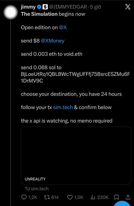 A screenshot of an X post from user 'jimmy' (@JIMMYEDGAR) titled 'The Simulation begins now' giving instructions to send various crypto amounts ($8, 0.003 ETH, 0.068 SOL) to specific addresses and noting 'the x api is watching, no memo required'.