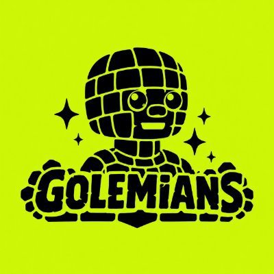 A logo for 'GOLEMIANS' featuring a stylized black brick-like robot character with round eyes on a bright lime green background, surrounded by small star sparkles.