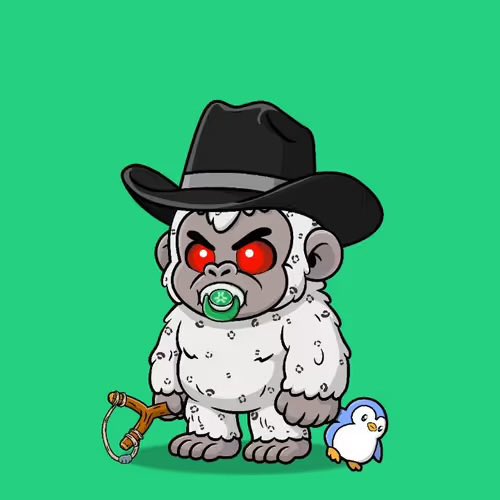 A cartoon white ape-like character with red eyes wears a black cowboy hat and has a green pacifier in its mouth, holding a slingshot next to a small blue and white bird on a green background.