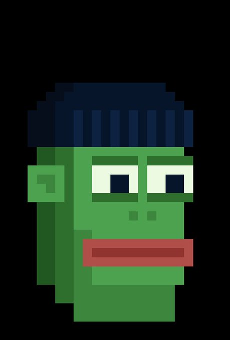 A pixel art portrait of a green-skinned character resembling Frankenstein's monster with dark hair, white eyes with blue pupils, and a red band across the mouth, set against a black background.