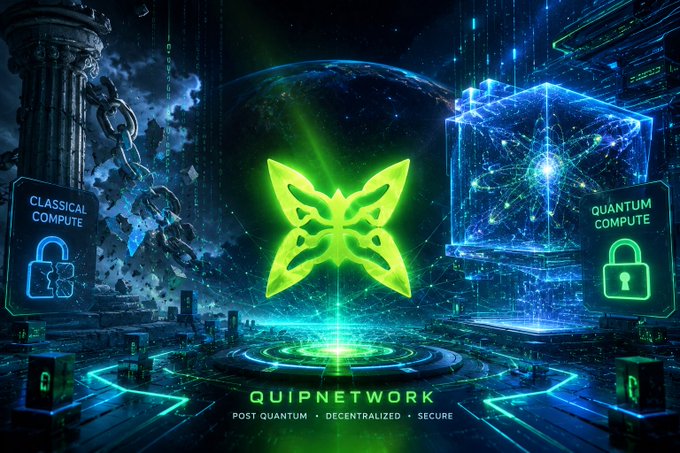 A futuristic green and blue graphic for 'QUIPNETWORK' featuring a butterfly logo, with 'CLASSICAL COMPUTE' (broken chains) on the left and 'QUANTUM COMPUTE' (secure cube) on the right, tagged 'POST QUANTUM • DECENTRALIZED • SECURE'.