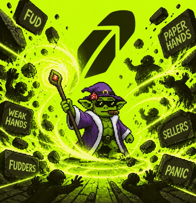 A pixel-art goblin wizard conjures a green magical swirl while banishing stones labeled 'FUD,' 'PAPER HANDS,' 'WEAK HANDS,' 'SELLERS,' 'FUDDERS,' and 'PANIC,' beneath a stylized logo.