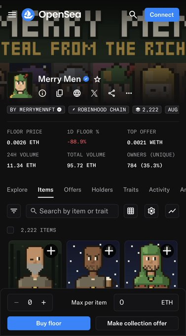 This screenshot shows the OpenSea marketplace page for the "Merry Men" NFT collection on the Robinhood Chain, displaying its metrics: 2,222 items, a floor price of 0.0026 ETH (down 88.9% in 1 day), 24-hour volume of 11.34 ETH, total volume of 95.72 ETH, and 764 unique holders. The image supports the post's commentary about NFT "rugs" by illustrating a collection that has experienced a dramatic 88.9% floor price decline, supporting the argument for OpenSea to implement launch fees and royalty vesting protections for holders.