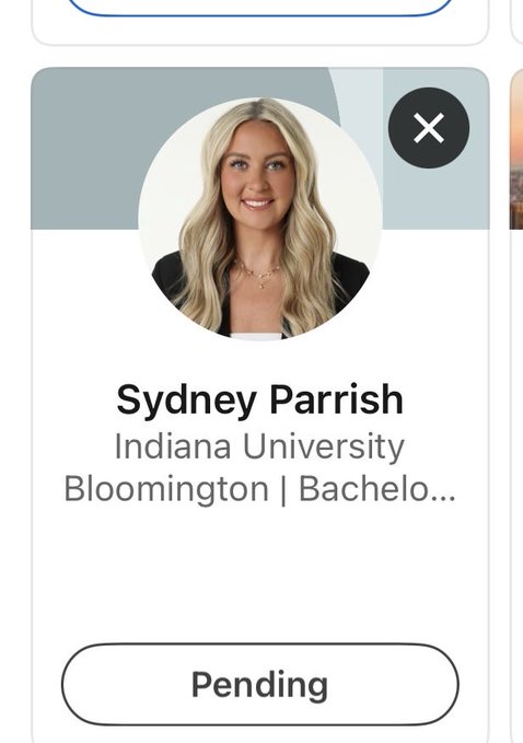A profile card displays Sydney Parrish, a student at Indiana University Bloomington working toward her Bachelor's degree, with a "Pending" status button at the bottom, capturing the anticipation behind the "#expand" caption.