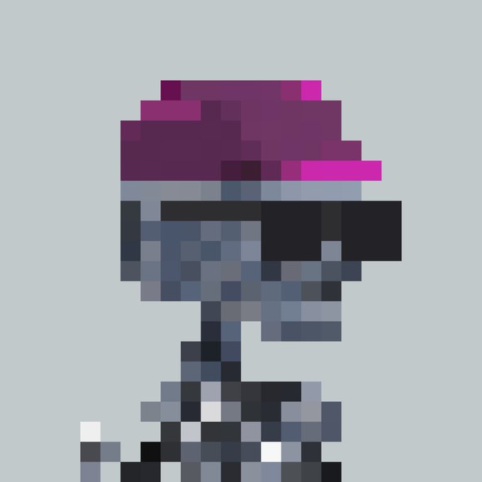 A pixel art illustration of a character wearing a purple hat, blue goggles, and gray armor holding a weapon.