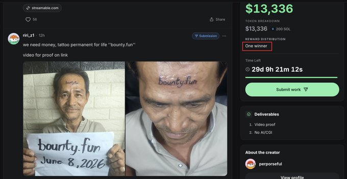 The image shows a social media post featuring two photos of people holding up signs or posters. One person has a tattoo on their forehead, while the other person has a sign that says "Bounty Fun" written on it. The text in the image suggests that someone has already completed the task and is now offering bounties for completing it.