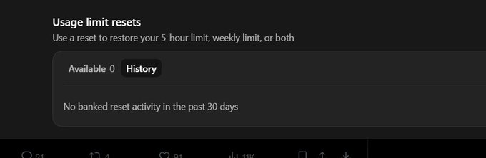 A dark interface screen displaying 'Usage limit resets' with the message 'Use a reset to restore your 5-hour limit, weekly limit, or both' and 'No banked reset activity in the past 30 days'.