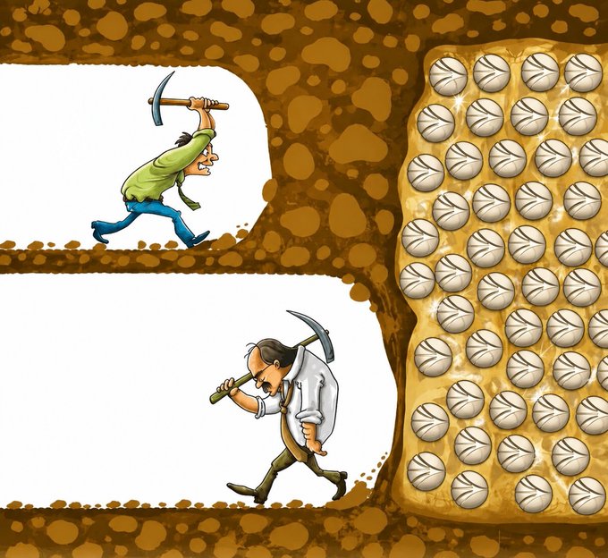 A cartoon illustration shows two miners with pickaxes working in a tunnel, with the lower miner chipping away at a wall to reveal a large vein filled with gold-encrusted silver coins or stones.